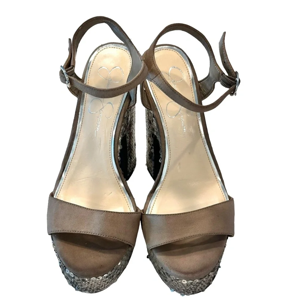 Jessica Simpson Brown Suede-Style Platform Sandals with Sequin Snake-Print Sole